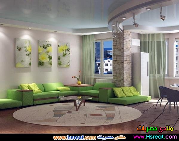 تصميم لغرفة معيشة واسعة باللون الاخضر.jpg